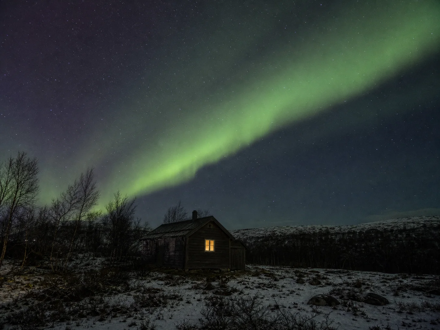An AI-created remote cabin under a subtle green aurora and a clear northern sky